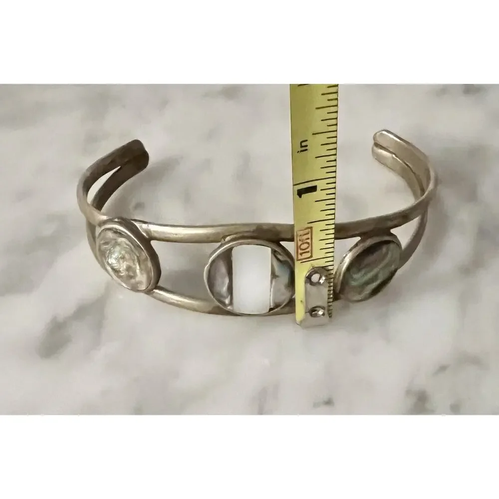 Vintage Hecho Mexico Silver Abalone Inlay Cuff Bracelet